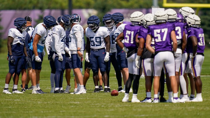 The Tennessee Titans and Minnesota Vikings prepare for a drill during a joint practice in Eagan, Minn., Thursday, Aug. 17, 2023.