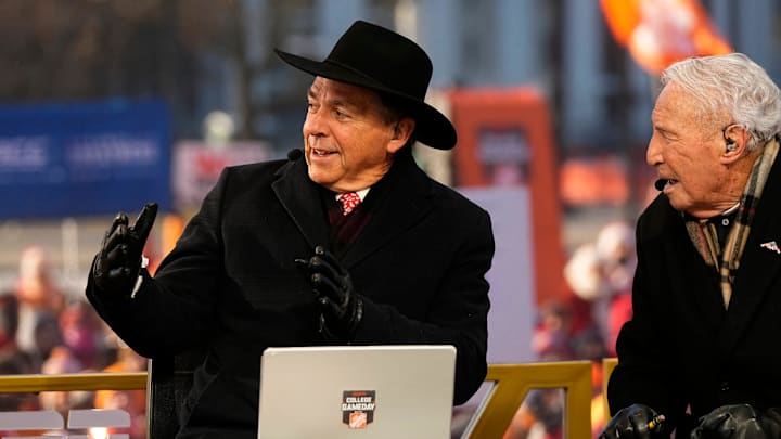 Nick Saban and Lee Corso talk on the set of ESPN College GameDay prior to the College Football Playoff first round game between the Ohio State Buckeyes and Tennessee Volunteers in Columbus on Dec. 21, 2024. Nick Saban and Lee Corso talk on the set of ESPN College GameDay prior to the College Football Playoff first round game between the Ohio State Buckeyes and Tennessee Volunteers in Columbus on Dec. 21, 2024.