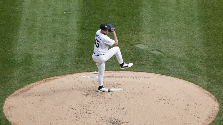 Mar 28, 2024; Chicago, Illinois, USA; Chicago White Sox starting pitcher Garrett Crochet (45) delivers a pitch during the second inning of the Opening Day game against the Detroit Tigers at Guaranteed Rate Field. Mandatory Credit: Kamil Krzaczynski-USA TODAY Sports