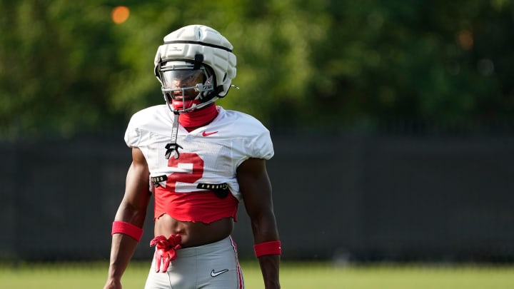 Aug 8, 2024; Columbus, Ohio, USA; Ohio State Buckeyes safety Caleb Downs (2) lines up during football practice at the Woody Hayes Athletic Complex.