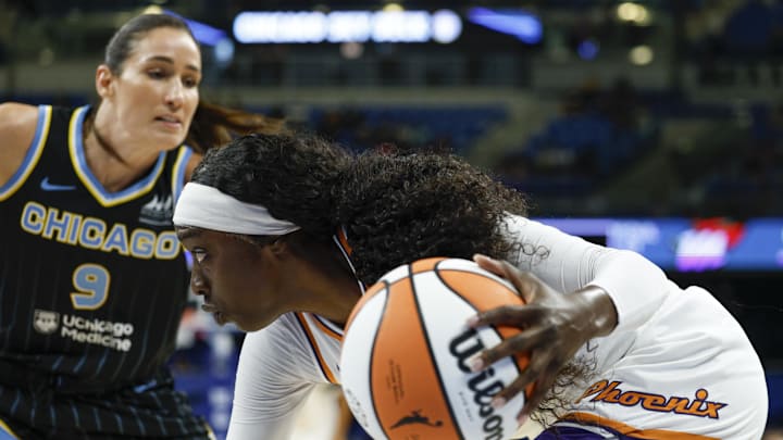 Aug 3, 2025; Chicago, Illinois, USA; Phoenix Mercury guard Kahleah Copper (2) drives to the basket against Chicago Sky guard Rebecca Allen (9) during the first half at Wintrust Arena. Mandatory Credit: Kamil Krzaczynski-Imagn Images