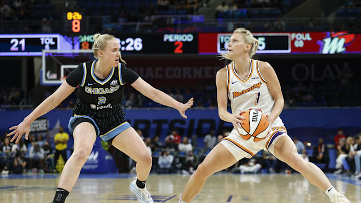 Aug 3, 2025; Chicago, Illinois, USA; Chicago Sky guard Hailey Van Lith (2) defends against Phoenix Mercury guard Lexi Held (1) during the first half at Wintrust Arena. Mandatory Credit: Kamil Krzaczynski-Imagn Images