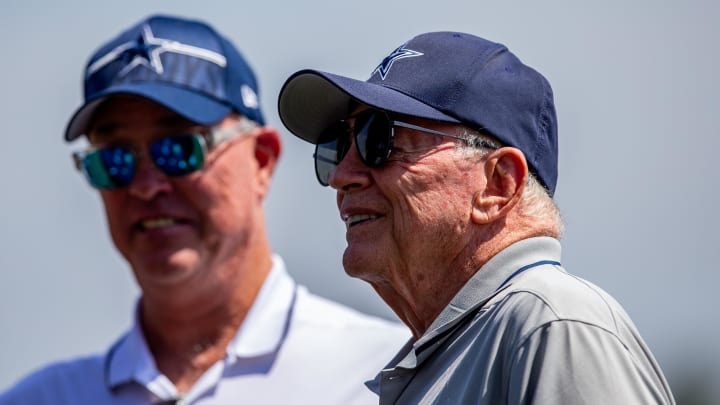 Jul 31, 2023; Oxnard, CA, USA; Dallas Cowboys owner Jerry Jones and chief operating officer Stephen