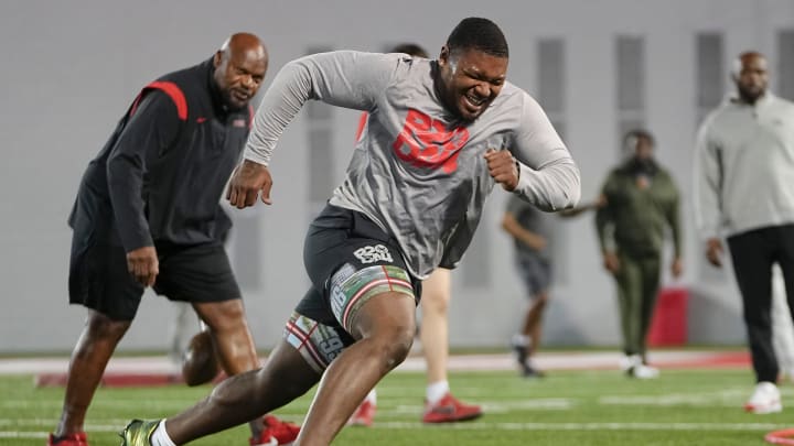 Mar 20, 2024; Columbus, Ohio, USA; Former Ohio State Buckeyes defensive tackle Michael Hall Jr. runs a circle drill during Pro Day at the Woody Hayes Athletic Center.