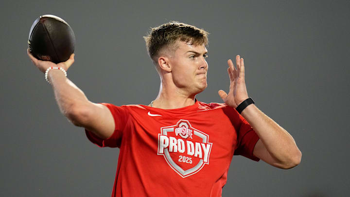 Ohio State Buckeyes quarterback Will Howard throws during the pro day for NFL scouts. Ohio State Buckeyes quarterback Will Howard throws during the pro day for NFL scouts.