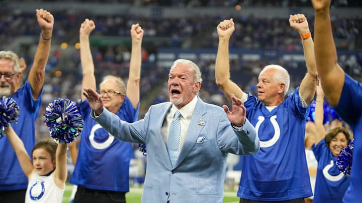 Jim Irsay, Colts owner, participates in a special grandparents event on a halftime performance by Colts Junior Cheer.