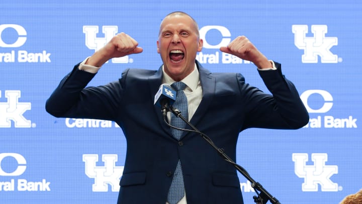 Former Kentucky basketball player and new head coach Mark Pope was animated during his announcement at Rupp Arena in Lexington Ky. on April 14, 2024.