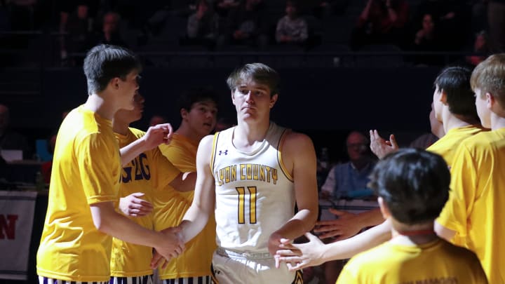 Lyon County's Travis Perry (11) is introduced before their game against Newport in the Sweet 16 tournament at Rupp Arena in Lexington, Ky. on Mar. 16, 2023. He finished with 23 points to break the state scoring record in the 61-46 win.