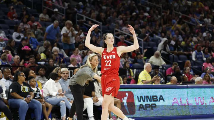 Aug 30, 2024; Chicago, Illinois, USA; Indiana Fever guard Caitlin Clark (22) reacts as she walks off the floor during the second half of a basketball game against the Chicago Sky at Wintrust Arena. Mandatory Credit: Kamil Krzaczynski-USA TODAY Sports