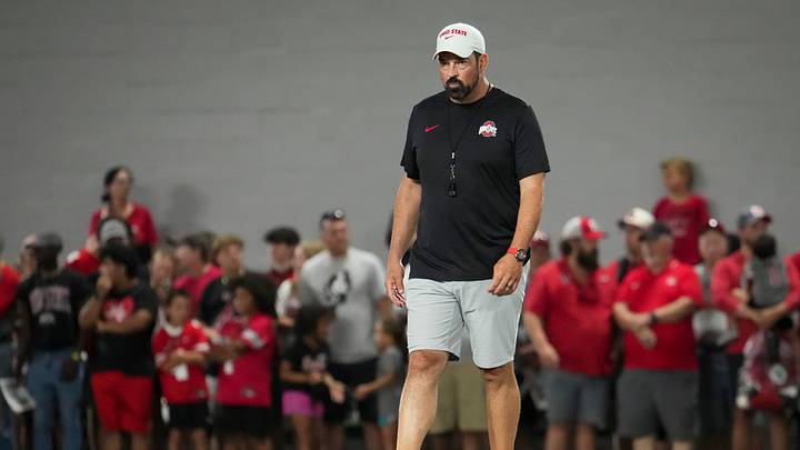 Ohio State Buckeyes head coach Ryan Day watches during football training camp inside the Woody Hayes Athletic Center in Columbus on Aug. 7, 2026.