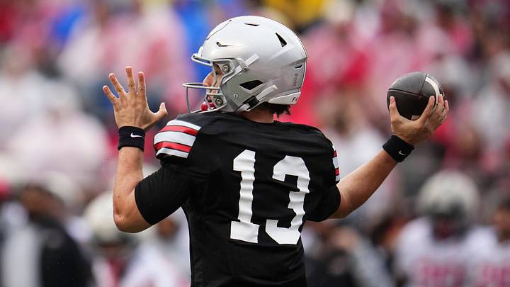 Quarterback Luke Fahey (13) throws during the Ohio State football spring game at Ohio Stadium in Columbus on April 18, 2026.