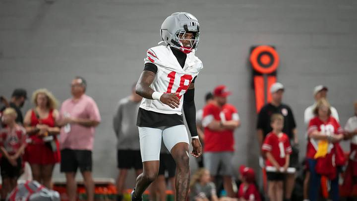 Ohio State Buckeyes cornerback Cam Calhoun (18) lines up during football training camp inside the Woody Hayes Athletic Center in Columbus on Aug. 7, 2026.