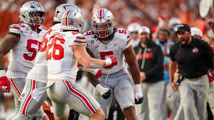 Ohio State Buckeyes linebacker Riley Pettijohn (5) celebrates a sack of Texas Longhorns quarterback Arch Manning (16) at Darrell K Royal–Texas Memorial Stadium in Austin, Texas on Sept. 12, 2026.