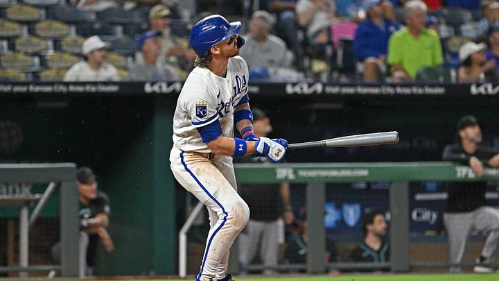 Sep 9, 2026; Kansas City, Missouri, USA;  Kansas City Royals shortstop Bobby Witt Jr. (7) hits a three-run home run in the fifth inning against the Arizona Diamondbacks at Kauffman Stadium.  Mandatory Credit: Peter Aiken-Imagn Images