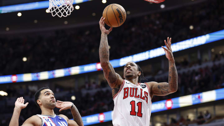 Feb 3, 2024; Chicago, Illinois, USA; Chicago Bulls forward DeMar DeRozan (11) goes to the basket against the Sacramento Kings during the first half at United Center. Mandatory Credit: Kamil Krzaczynski-USA TODAY Sports