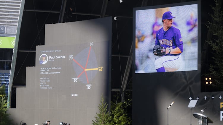 Jul 9, 2023; Seattle, Washington, USA; A monitor displays an image of Paul Skenes, the first-round