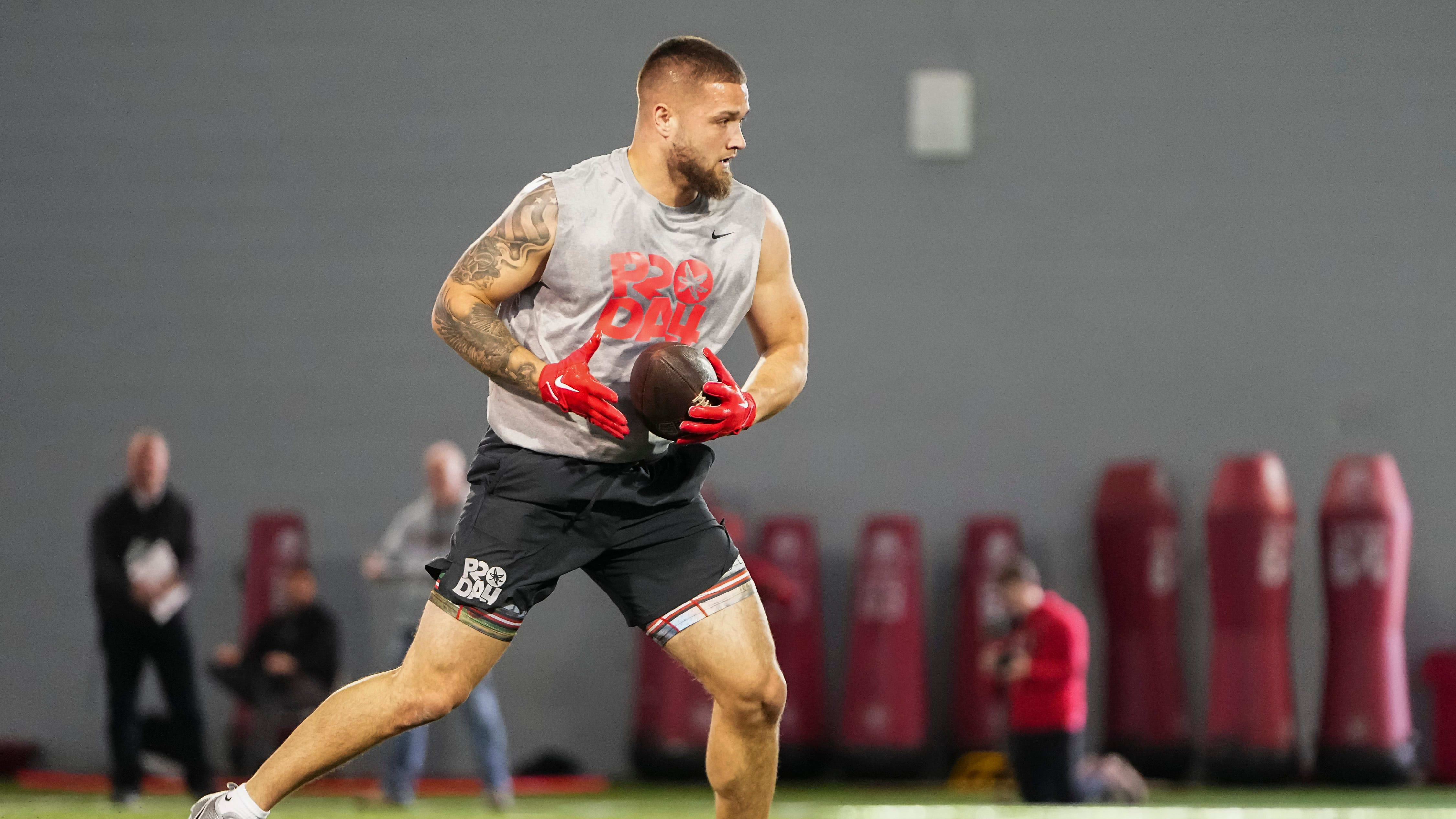 Ohio State Buckeyes tight end Cade Stover catches a pass during his Pro Day.