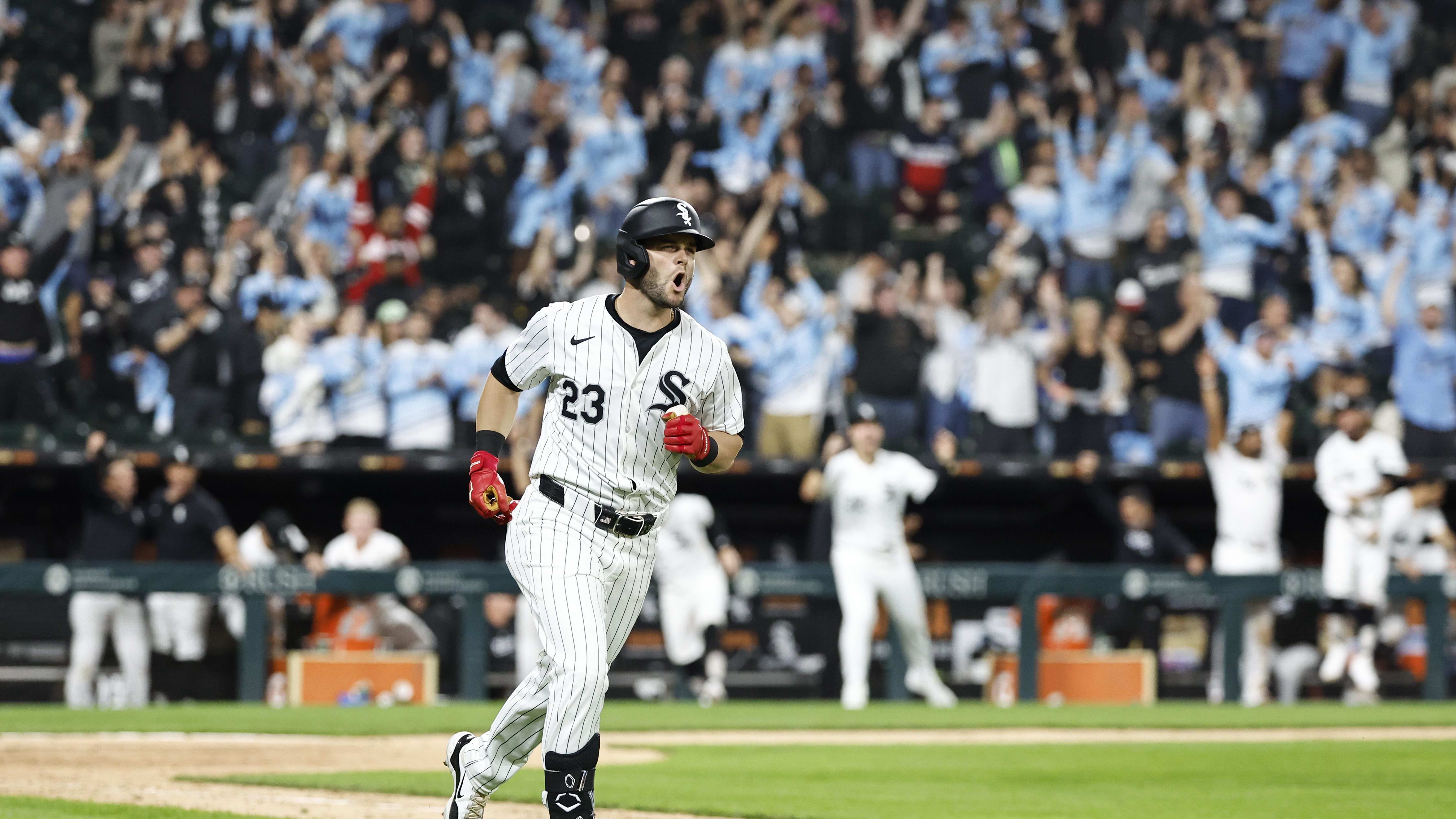 Apr 27, 2024; Chicago, IL, USA; Chicago White Sox outfielder Andrew Benintendi (23) celebrates after hitting a home run.