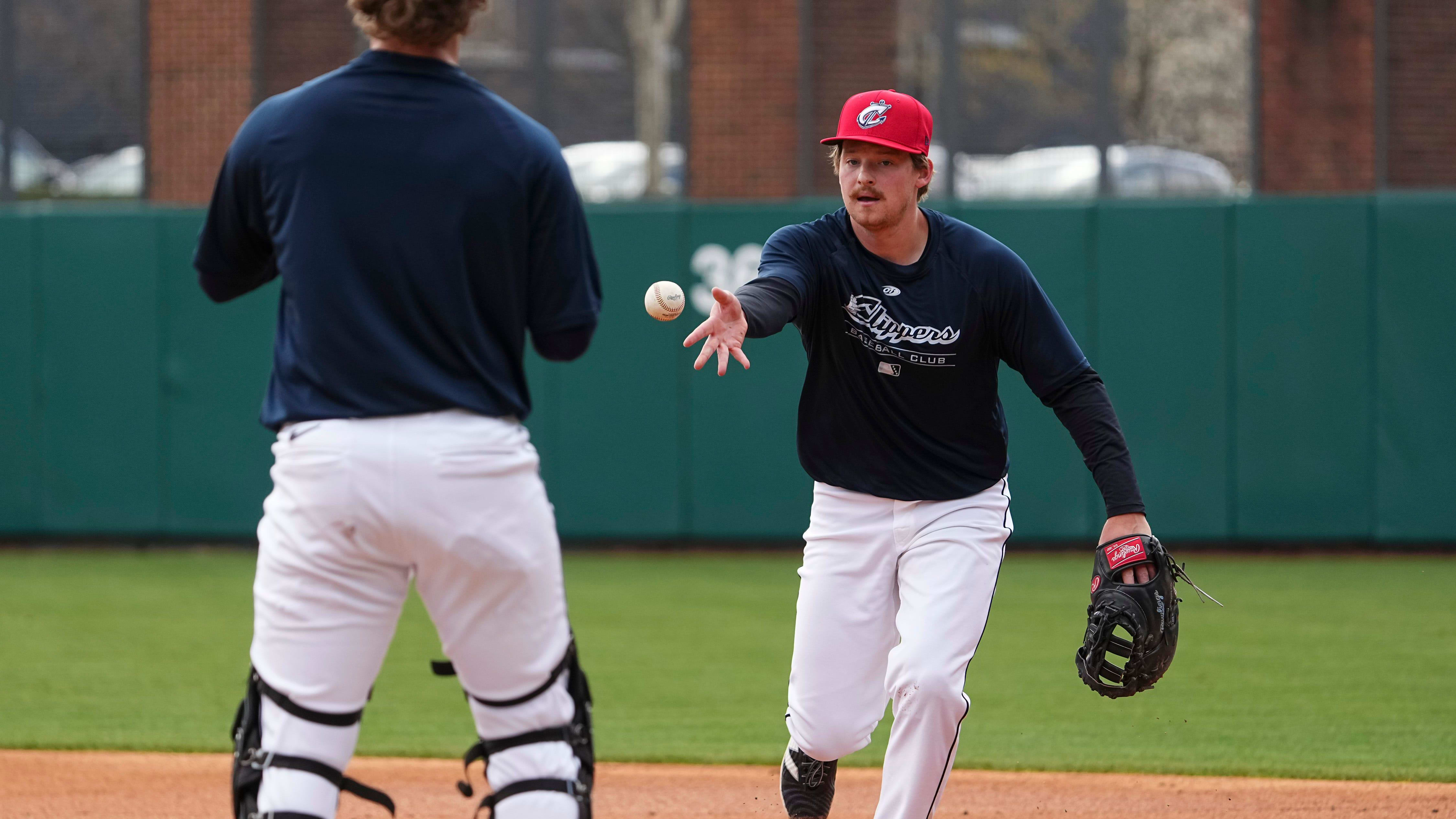 Mar 27, 2024; Columbus, OH, USA; Infielder Kyle Manzardo throws to 1B during Columbus Clippers practice at Huntington Park.