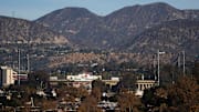 The Rose Bowl stadium prepares to host the Ohio State Buckeyes and he Oregon Ducks on Jan. 1, 2025.