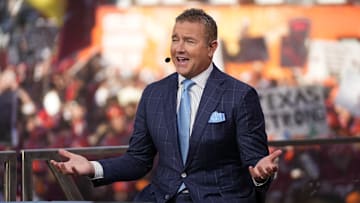 Kirk Herbstreit speaks on the set of ESPN College GameDay prior to the NCAA football game between the Ohio State Buckeyes and the Texas Longhorns at Ohio Stadium on Aug. 30, 2025.