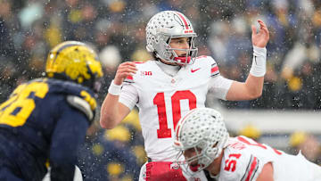 Ohio State Buckeyes quarterback Julian Sayin (10) lines up during the NCAA football game against the Michigan Wolverines at Michigan Stadium in Ann Arbor, Mich. on Nov. 29, 2025. Ohio State won 27-9.