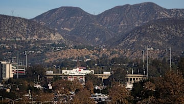 The Rose Bowl stadium prepares to host the Ohio State Buckeyes and he Oregon Ducks on Jan. 1, 2025.