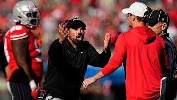 Ohio State Buckeyes head coach Ryan Day reacts to a targeting call on linebacker Arvell Reese during the second half of the NCAA football game against the Nebraska Cornhuskers at Ohio Stadium in Columbus on Saturday, Oct. 26, 2024. Ohio State won 21-17.