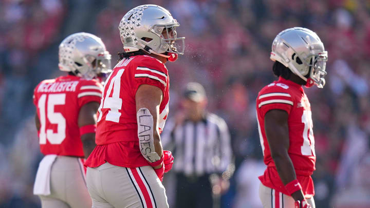 Nov 26, 2022; Columbus, Ohio, USA;  Ohio State Buckeyes defensive end J.T. Tuimoloau (44) yells after making a tackle during the first half of the NCAA football game against the Michigan Wolverines at Ohio Stadium. Mandatory Credit: Adam Cairns-The Columbus Dispatch

Ncaa Football Michigan Wolverines At Ohio State Buckeyes