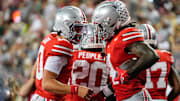 Ohio State Buckeyes quarterback Julian Sayin (10) celebrates a touchdown by wide receiver Jeremiah Smith (4) during the second half of the NCAA football game against the Ohio Bobcats at Ohio Stadium on Sept. 13, 2025. Ohio State won 37-9.