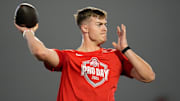 Ohio State Buckeyes quarterback Will Howard throws during the pro day for NFL scouts at the Woody Hayes Athletic Cente on March 26, 2025.