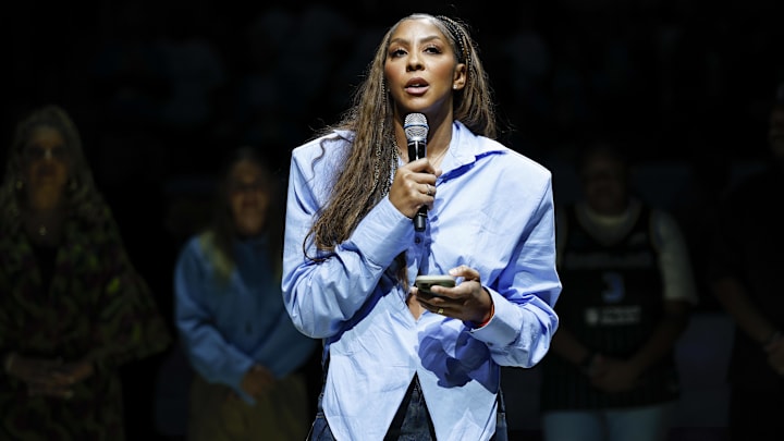 Aug 25, 2025; Chicago, Illinois, USA; Chicago Sky franchise legend and WNBA Champion Candace Parker speaks during her jersey retainment ceremony during a WNBA game between the Chicago Sky and Las Vegas Aces at Wintrust Arena. Mandatory Credit: Kamil Krzaczynski-Imagn Images
