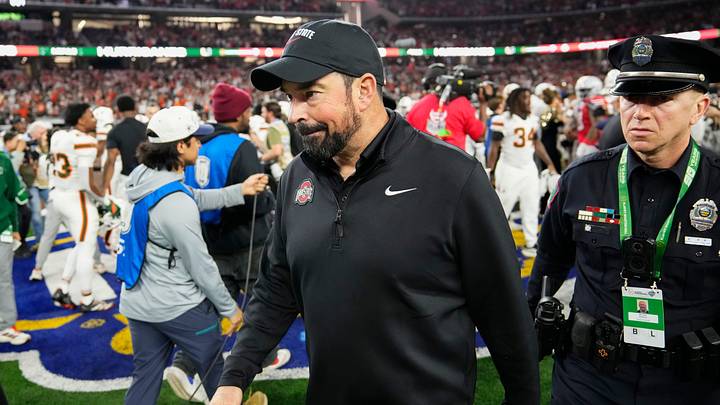 Ohio State Buckeyes head coach Ryan Day leaves the field following the Cotton Bowl at AT&T Stadium in Arlington, Texas for the College Football Playoff quarterfinal game against the Miami Hurricanes on Dec. 31, 2025. Ohio State lost 24-14.