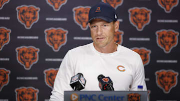 Aug 15, 2025; Lake Forest, IL, USA; Chicago Bears head coach Ben Johnson addresses the media at Halas Hall before joint training camp practice with the Buffalo Bills ahead of Sunday's preseason game. Mandatory Credit: Kamil Krzaczynski-Imagn Images