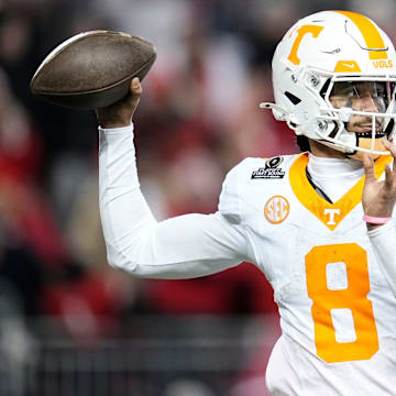 Tennessee Volunteers quarterback Nico Iamaleava (8) throws during the second half of the College Football Playoff first round game against the Ohio State Buckeyes at Ohio Stadium in Columbus on Dec. 22, 2024. Ohio State won 42-17.
