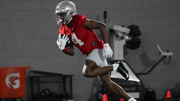 Mar 7, 2024; Columbus, OH, USA; Ohio State Buckeyes wide receiver Jeremiah Smith (4) catches a pass