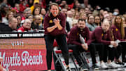 Minnesota head coach Dawn Plitzuweit cheers on her team during the second half against Ohio State at Value City Arena in Columbus on Feb. 13, 2025. 