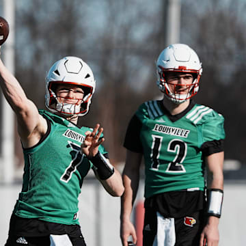 Louisville QB Miller Moss (7) passes during practice outside the Trager Center in Louisville, Ky. on Mar. 1, 2025.