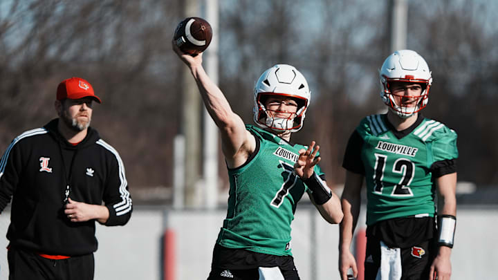 Louisville QB Miller Moss (7) passes during practice outside the Trager Center in Louisville, Ky. on Mar. 1, 2025. Louisville QB Miller Moss (7) passes during practice outside the Trager Center in Louisville, Ky. on Mar. 1, 2025.