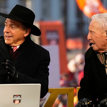 Nick Saban and Lee Corso talk on the set of ESPN College GameDay.