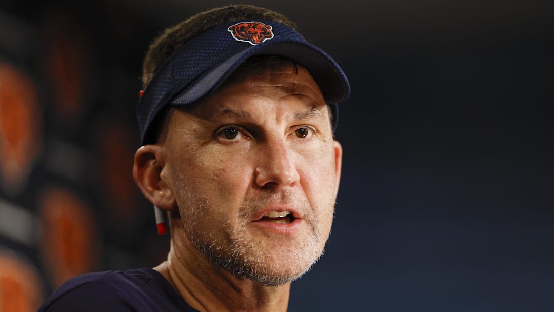 Jul 23, 2025; Lake Forest, IL, USA; Chicago Bears defensive coordinator Dennis Allen speaks during training camp at Halas Hall. Mand