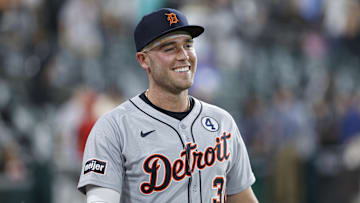 Jun 2, 2025; Chicago, Illinois, USA; Detroit Tigers designated hitter Kerry Carpenter (30) smiles after team's win against the Chicago White Sox at Rate Field. Mandatory Credit: Kamil Krzaczynski-Imagn Images