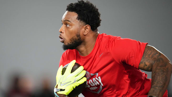Ohio State Buckeyes running back CJ Donaldson Jr. runs during Pro Day for NFL scouts at the Woody Hayes Athletics Center on March 25, 2026.