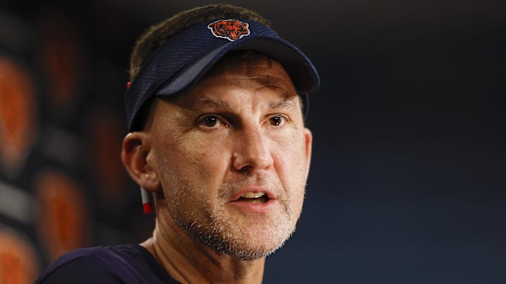 Jul 23, 2025; Lake Forest, IL, USA; Chicago Bears defensive coordinator Dennis Allen speaks during training camp at Halas Hall. Mand