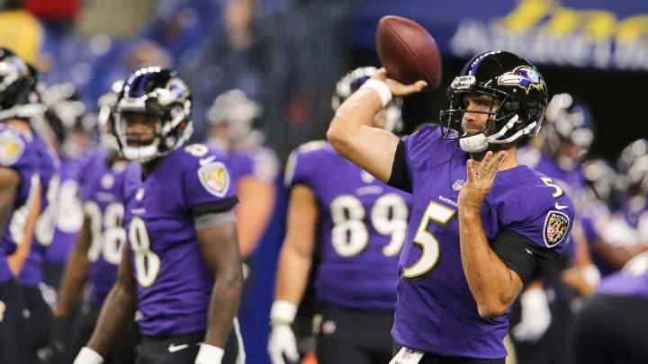 The Baltimore Ravens         Lamar Jackson (8) looked on as teammate Joe Flacco (5) warmed up before their preseason game against the Indianapolis Colts at Lucas Oil Stadium in Indianapolis.
Aug. 20, 2018

Lamarcolts18 Sam

The Baltimore RavensaTM Lamar Jackson (8) looked on as teammate Joe Flacco (5) warmed up before their preseason game against the Indianapolis Colts at Lucas Oil Stadium in Indianapolis.
Aug. 20, 2018