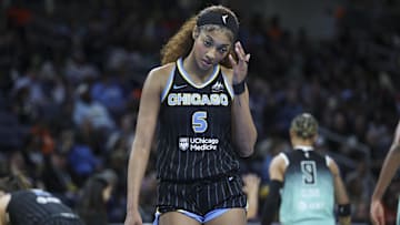 May 22, 2025; Chicago, Illinois, USA; Chicago Sky forward Angel Reese (5) reacts during the first half agaisnt the New York Liberty at Wintrust Arena. Mandatory Credit: Kamil Krzaczynski-Imagn Images