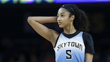 Chicago Sky forward Angel Reese walks on the court during a WNBA game against the Connecticut Sun.