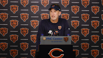 Jul 23, 2025; Lake Forest, IL, USA; Chicago Bears defensive coordinator Dennis Allen speaks during training camp at Halas Hall. Mandatory Credit: Kamil Krzaczynski-Imagn Images