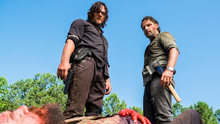 Charles Halford as Yago, Norman Reedus as Daryl Dixon, and Andrew Lincoln as Rick Grimes in The Walking Dead season 8
