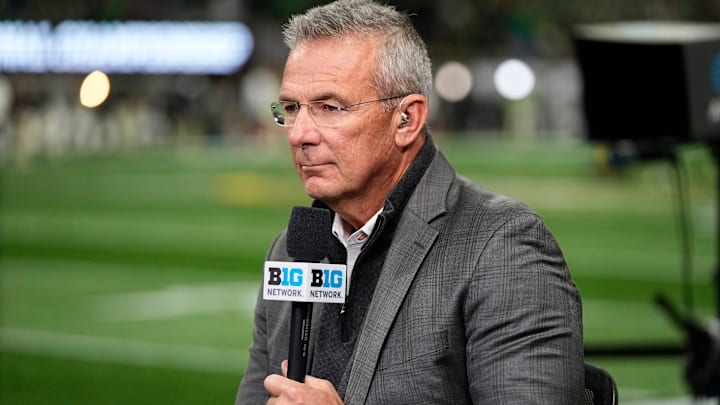 Former Ohio State Buckeyes head coach Urban Meyer broadcasts for the Big Ten Network prior to the College Football Playoff National Championship against the Notre Dame Fighting Irish at Mercedes-Benz Stadium in Atlanta on Jan. 20, 2025.